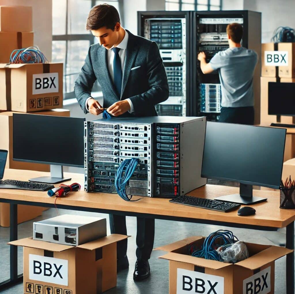 A man in a suit carefully sets up IT equipment on a desk, surrounded by boxes labeled "BBX." Another person efficiently works at a server rack in the background, ensuring all office electronics are installed seamlessly.